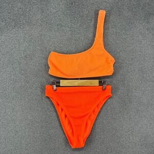 Good American Bikini Set Womens 1/2 Neon Orange Crinkle One Shoulder High Waist